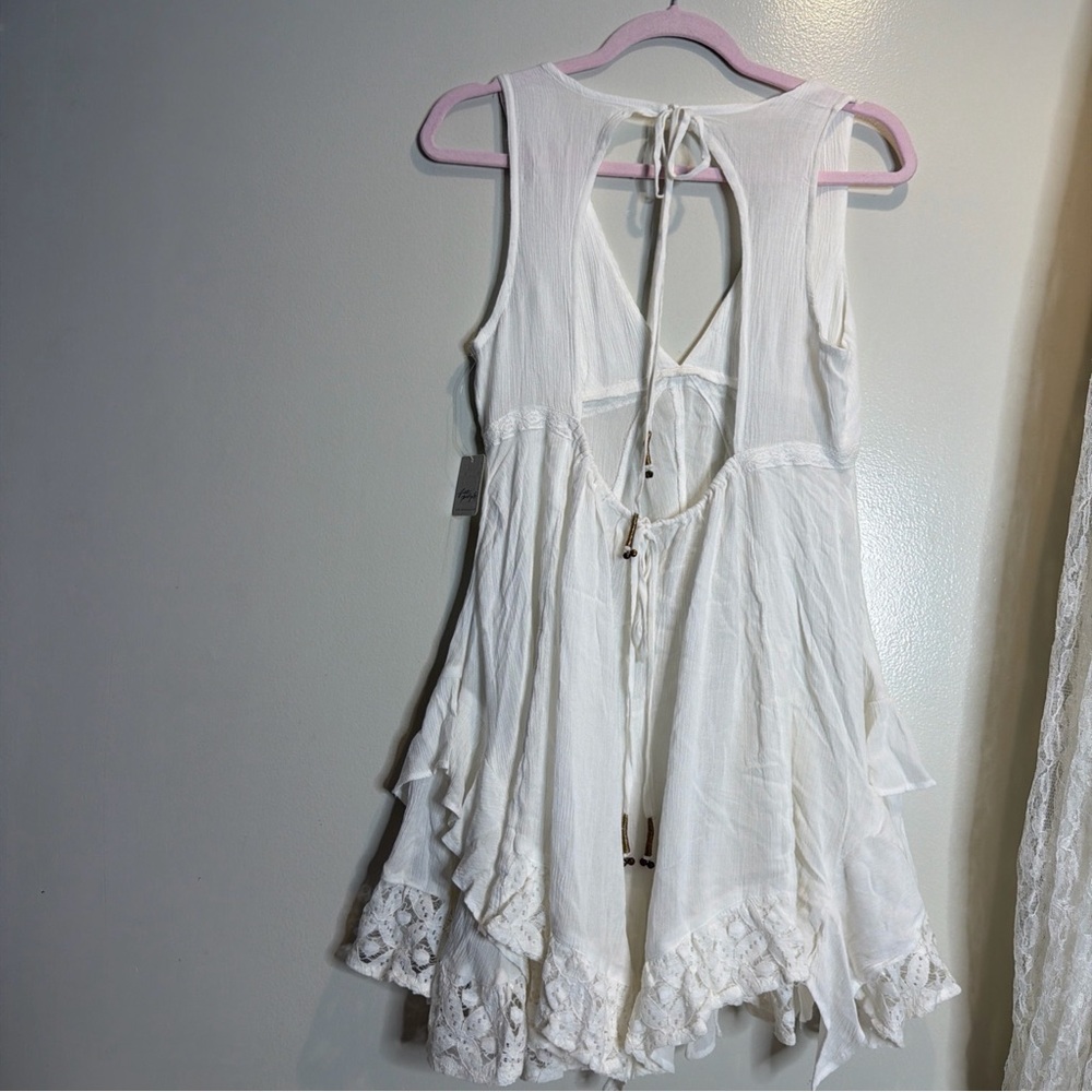 Free People Ladies Tans Tide Tunic Cascading Ruffles Crochet Trim Mini Dress - Picture 6 of 6